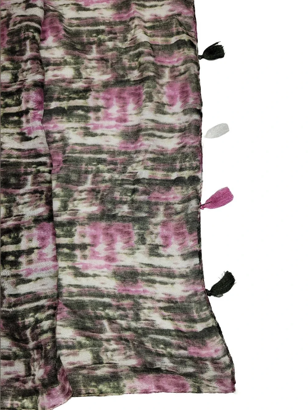 Abstract Print Tasseled Scarf Pink Black White Lightweight Accessory